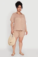 Womens Plus Size Classic Fit Button Front Short Sleeve Shirt, Beige, Size 3X
