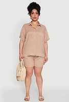 Womens Plus Size Classic Fit Button Front Short Sleeve Shirt, Beige, Size 3X