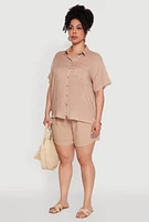 Womens Plus Size Classic Fit Button Front Short Sleeve Shirt, Beige, Size 3X