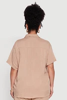 Womens Plus Size Classic Fit Button Front Short Sleeve Shirt, Beige, Size 3X