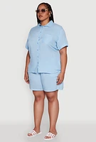 Womens Plus Classic Fit Button Front Short Sleeve Shirt,