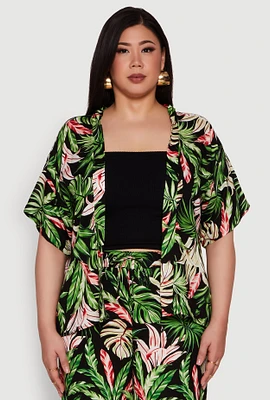 Womens Plus Size Tropical Leaf Print Kimono with Open Front Classic Fit, Multi, Size 1X