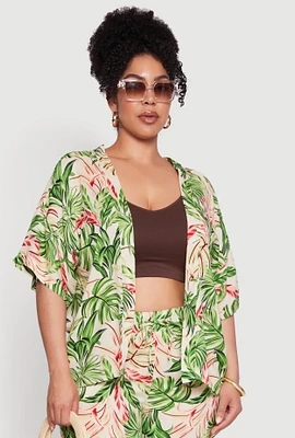 Womens Plus Size Tropical Leaf Print Kimono with Open Front Classic Fit, Multi, Size 3X