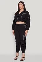 Womens Plus Cargo Pocket Sleeve Cropped Track Jacket,