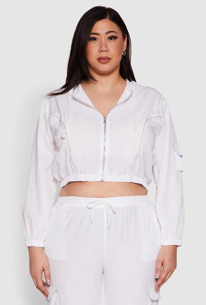 Womens Plus Size Cargo Pocket Sleeve Cropped Track Jacket, White, Size 2X