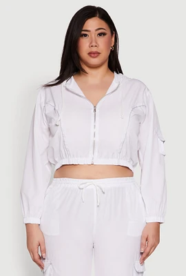 Womens Plus Size Cargo Pocket Sleeve Cropped Track Jacket, White, Size 2X