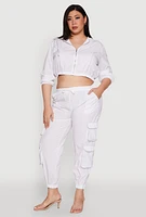 Womens Plus Size Cargo Pocket Sleeve Cropped Track Jacket, White, Size 2X