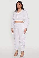 Womens Plus Size Cargo Pocket Sleeve Cropped Track Jacket, White, Size 2X