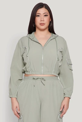 Womens Plus Cargo Pocket Sleeve Cropped Track Jacket, Green,