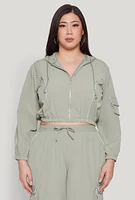 Womens Plus Cargo Pocket Sleeve Cropped Track Jacket, Green,