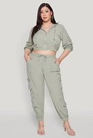 Womens Plus Cargo Pocket Sleeve Cropped Track Jacket, Green,