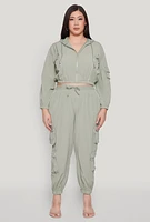 Womens Plus Cargo Pocket Sleeve Cropped Track Jacket, Green,