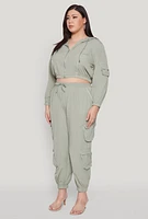 Womens Plus Cargo Pocket Sleeve Cropped Track Jacket, Green,