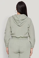 Womens Plus Cargo Pocket Sleeve Cropped Track Jacket, Green,