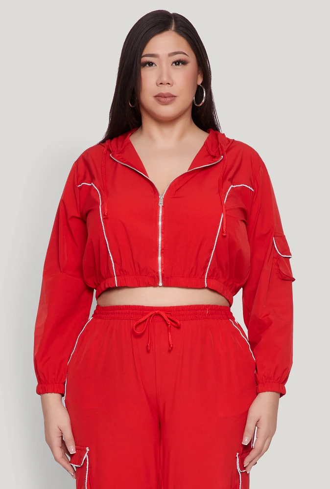 Womens Plus Size Cargo Pocket Sleeve Cropped Track Jacket, Red, Size 3X