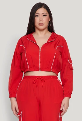 Womens Plus Size Cargo Pocket Sleeve Cropped Track Jacket, Red, Size 3X