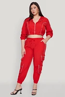 Womens Plus Size Cargo Pocket Sleeve Cropped Track Jacket, Red, Size 3X