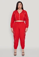 Womens Plus Size Cargo Pocket Sleeve Cropped Track Jacket, Red, Size 3X