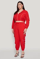 Womens Plus Size Cargo Pocket Sleeve Cropped Track Jacket, Red, Size 3X