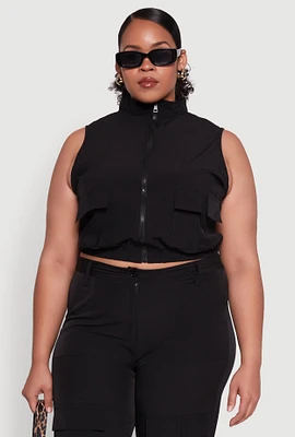 Womens Plus Size Sleeveless Utility Zip Front Top, Black, Size 3X