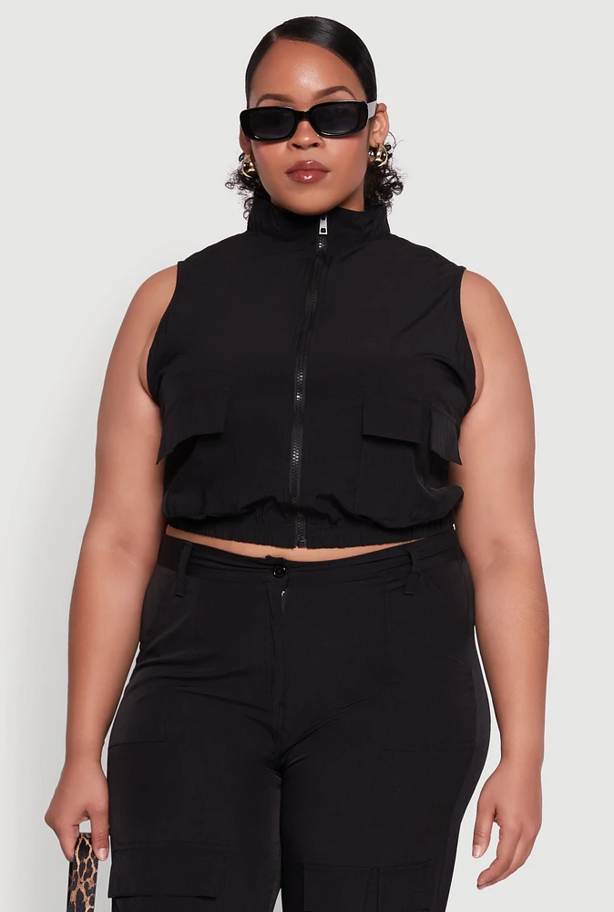 Womens Plus Size Sleeveless Utility Zip Front Top, Black, Size 1X