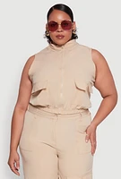 Womens Plus Sleeveless Utility Zip Front Top,