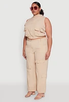 Womens Plus Sleeveless Utility Zip Front Top,