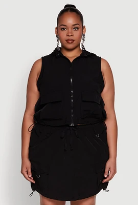Womens Plus Size Cargo Pocket Windbreaker Vest, Black, Size 1X