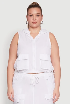 Womens Plus Size Cargo Pocket Windbreaker Vest, White, Size 2X