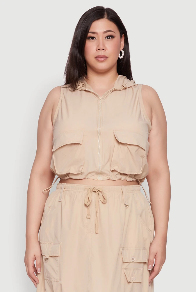 Womens Plus Cargo Pocket Windbreaker Vest,