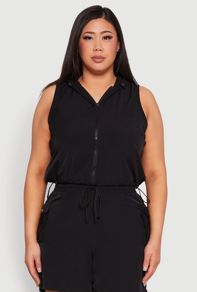Womens Plus Nylon Sleeveless Zip Front Hooded Top, 1X