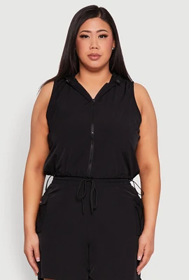Womens Plus Nylon Sleeveless Zip Front Hooded Top, 1X