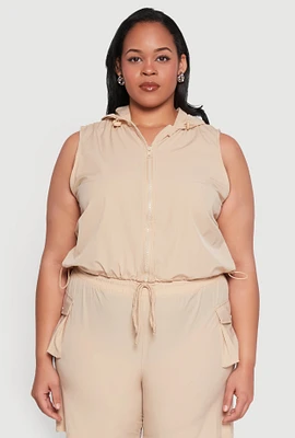 Womens Plus Size Zip Front Sleeveless Windbreaker Vest, Beige, Size 3X