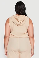 Womens Plus Nylon Sleeveless Zip Front Hooded Top,