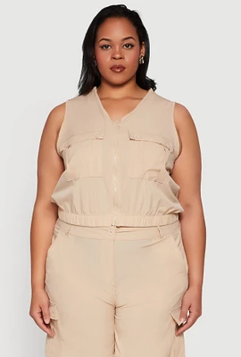Womens Plus Nylon Utility Zip Front Vest,