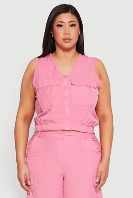Womens Plus Nylon Utility Zip Front Vest, Pink,
