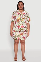 Womens Plus Size Floral Print High Waisted Shorts with Drawstring Waist, Multi, Size 3X
