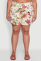Womens Plus Size Floral Print High Waisted Shorts with Drawstring Waist, Multi, Size 3X