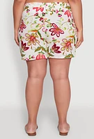 Womens Plus Floral Print High Waisted Shorts with Drawstring Waist, Multi,