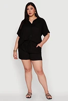 Womens Plus High Waisted Shorts with Pockets and Drawstring,