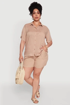 Womens Plus High Waisted Shorts with Pockets and Drawstring, 3X
