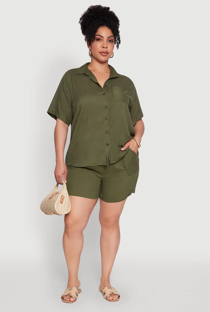 Womens Plus High Waisted Shorts with Pockets and Drawstring,