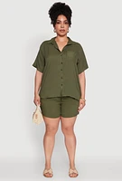 Womens Plus High Waisted Shorts with Pockets and Drawstring,