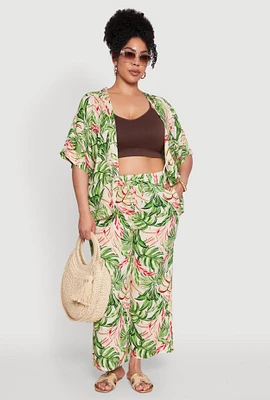 Womens Plus Size Tropical Leaf Print High Waisted Palazzo Pants, Multi, Size 1X