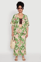 Womens Plus Size Tropical Leaf Print High Waisted Palazzo Pants, Multi, Size 1X