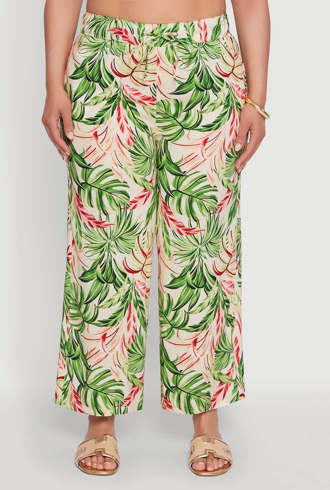 Womens Plus Size Tropical Leaf Print High Waisted Palazzo Pants, Multi, Size 1X