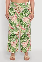 Womens Plus Size Tropical Leaf Print High Waisted Palazzo Pants, Multi, Size 1X