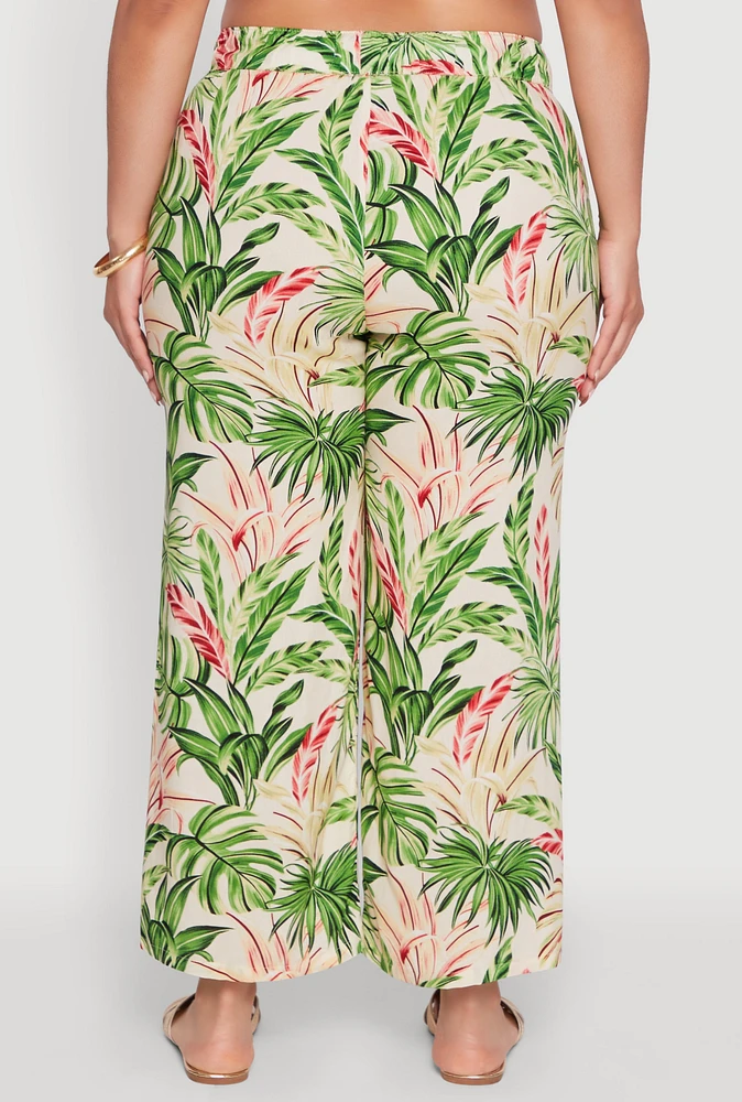 Womens Plus Size Tropical Leaf Print High Waisted Palazzo Pants, Multi, Size 1X