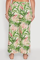 Womens Plus Size Tropical Leaf Print High Waisted Palazzo Pants, Multi, Size 1X