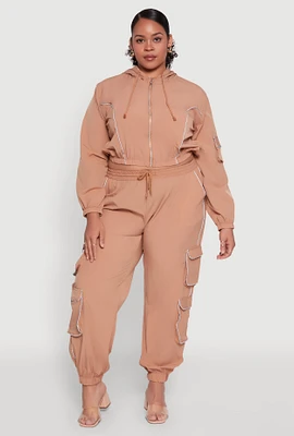 Womens Plus Size Drawstring Cargo Pocket Joggers, Brown, Size 2X